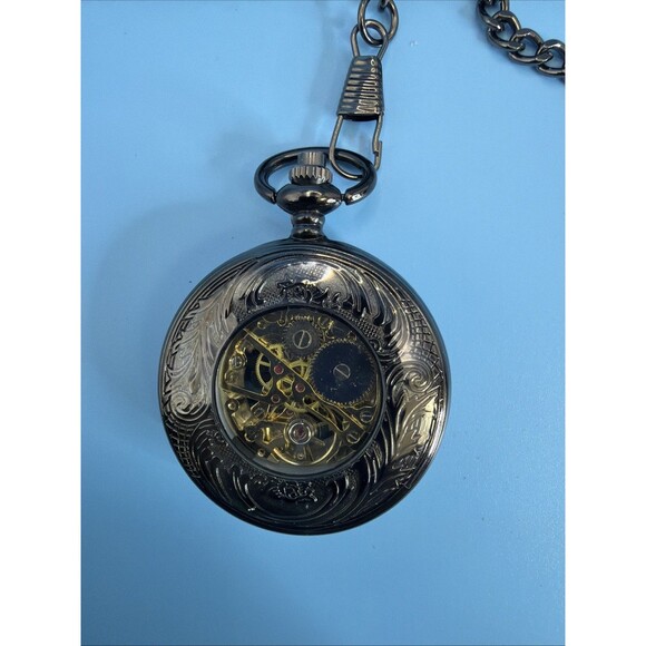 NEW In Box SEWOR Pocket Watch Mechanical Skeleton, Gold With Black Case - Picture 4 of 7